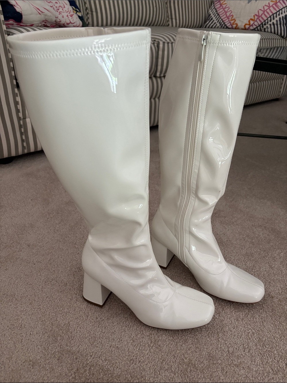 White Patent Knee-High Block Heel Boots - Womens Size 9